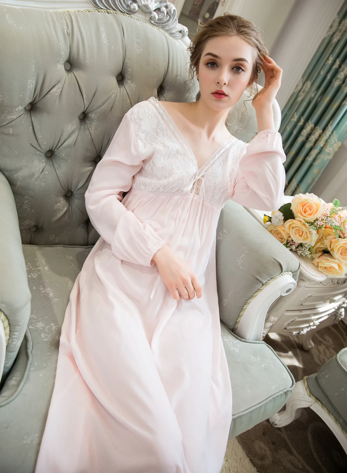 Женские хлопковые сексуальные ночные рубашки с длинным рукавом, Женская кружевная ночная рубашка сладкой принцессы, элегантная свободная Пижама с v-образным вырезом, домашнее платье