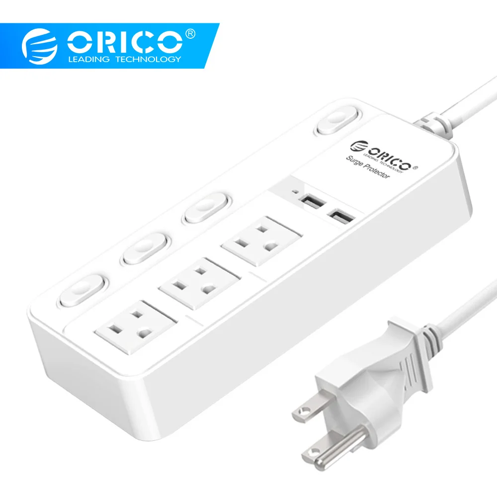 Pаспродажа ORICO USB Smart Зарядное устройство стабилизатор напряжения мощность полосы 3 AC разъем с 2 Зарядка через usb порты Мощность Кнопка управление США Plug
