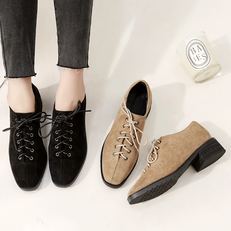 

Women Single Shoes Female 2018 Autumn New Wild Korean Style Thick Heels Square Toe Flock Retro Shoes Cross Tied Lace Up Shoes
