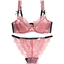 JIGERJOGER арбуз розовый плюс размер кружевной бюстгальтер набор женское тонкое прозрачное нижнее белье бюстгальтер без косточек проводной кружева трусы 2 шт наборы
