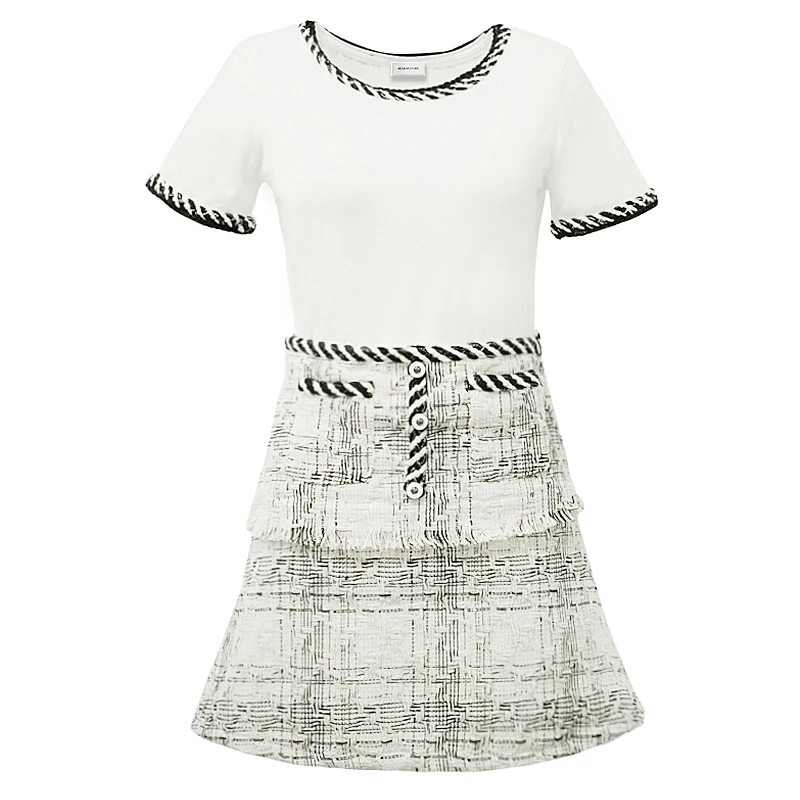 

PERHAPS U white black o neck short sleeve top empire button tweed mini skirt two piece set summer women Small fragrance T0133