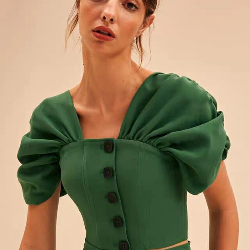 

2019 Summer Designer Woman Short Tops Short Sleeve Button Pleated Backless Tops Holiday Vacation Tops
