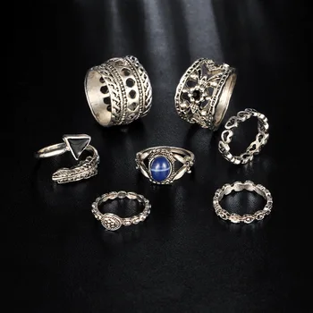 

70 pieces/set Triangle Stone Knuckle Ring Sets Jewelry Women Antique Silver Color Hollow Heart Feather Leaf Midi Finger Rings
