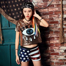 Женский хип-хоп джаз танец паб бары сглаза блесток короткий летний топ повседневная короткая футболка Сексуальные вечерние клубная рубашка фестиваль костюм