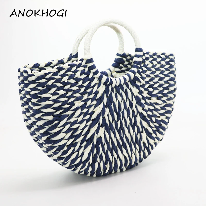 خمر القش اليدوية النساء أعلى-حقائب بيد نصف القمر شكل الأزرق مخطط الروطان نسج الرجعية شاطئ حقائب السيدات حمل حقيبة b229 خمر القش اليدوية النساء أعلى-حقائب بيد نصف القمر شكل الأزرق مخطط الروطان نسج الرجعية شاطئ حقائب السيدات حمل حقيبة b229