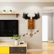 3D Deer Antlers Creative Swingable Large Wall Clock Modern Design Acrylic Wood Grain Color Rectangle Hanging Clocks Wall Sticker deer 3d wall sticker