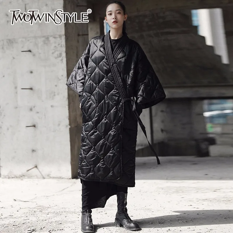 

TWOTWINSTYLE Lace Up Cotton Coats For Women Three Quarter Sleeve Black Midi Long Coat Winter Female Fashion Japan Style Clothing