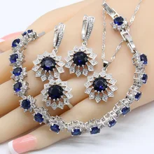 Flower Shape Blue Crystal White Zirconia 925 Silver Bridal Jewelry Sets For Women Necklace Pendant Earrings Rings Bracelets Flower Shape Blue Crystal White Zirconia 925 Silver Bridal Jewelry Sets For Women Necklace Pendant Earrings Rings Bracelets