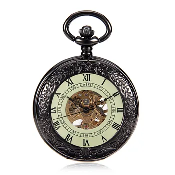 

Steampunk Skeleton Transparent Glow Dial Hand Wind Mechanical Black See Though Face Retro Ver Vintage Pendant Mens Pocket Watch