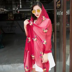 Летняя шифоновая шелковая Женская Вышивка цветок Защита от солнца на пляже шаль большого размера женский шарф мусульманский платок