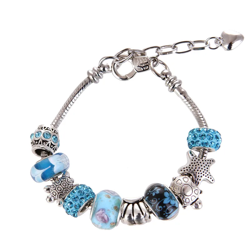 

High Quality Glass Heart Cute Pretty Blue Charm Bracelet Pan Bracelet For Women Gril gift jewelry Drop Shipping