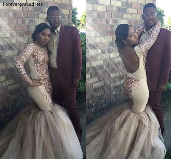 2019 New Sequins Backless Prom Evening Dress African Girl Sexy Mermaid Long Sleeve Formal Patty Gown Pageant Dresses Custom Made BC0707  156