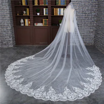 

2020 New Arrival Women Lace Wedding Veil 3 Meters Long Cathedral With Comb One Layer Tull Appliques Bridal Veils