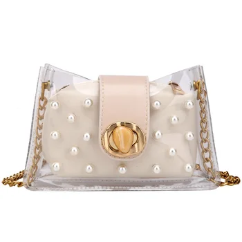 

NEW-Summer New Small Square Bag Wild Shoulder Messenger Bag Chain Pearl Transparent Bag