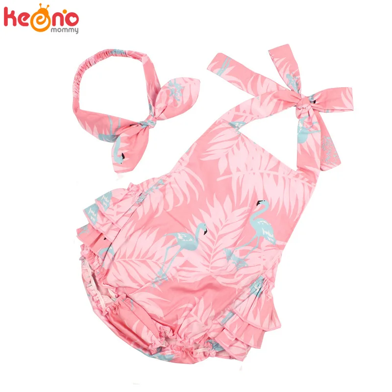 Cute Cartoon Baby Girls Summer Romper Ruffles Sleeveless Flamingo Print Skirted Jumpsuit Headband Sunsuit Infant Clothes (13)