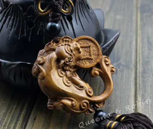 Деревянная резьба китайская статуя Pixiu Pi Yao Coin Foo Dog подвеска для автомобиля