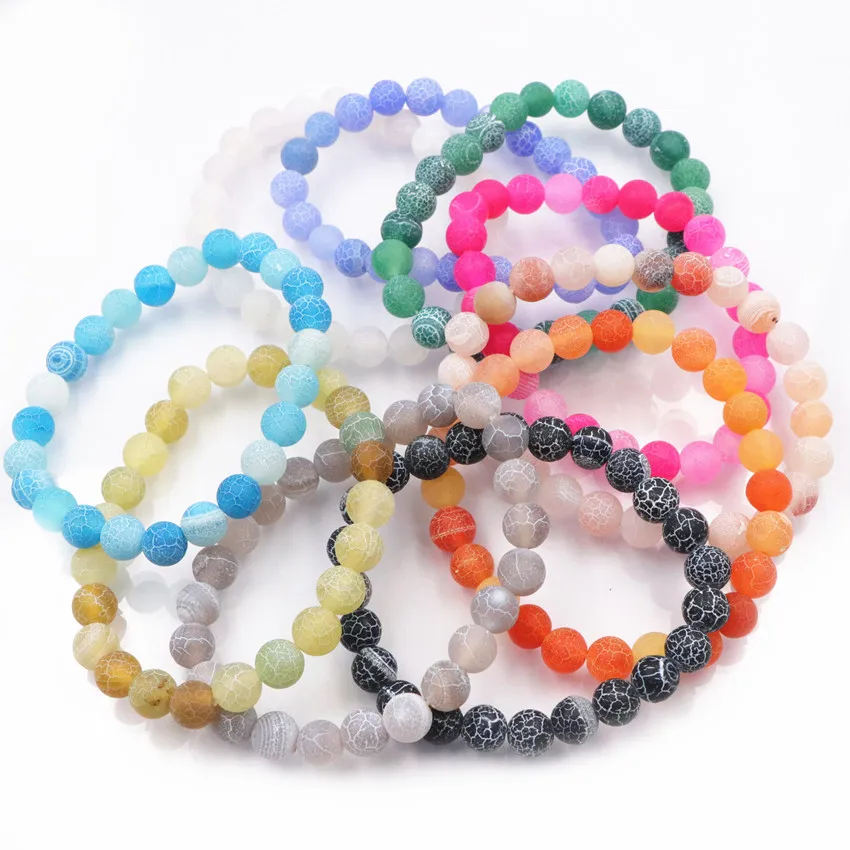 Genuine Multicolor Beaded Bracelet Frosted Matted Agates Natural Stone
