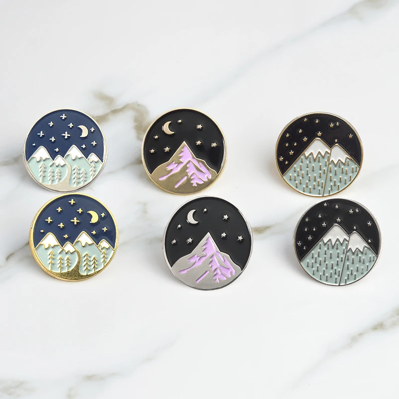 

Night sky Mountain Moon Star Enamel pins Backpack Bag Hat Leather Jackets Fashion Accessory Mountain jewelry