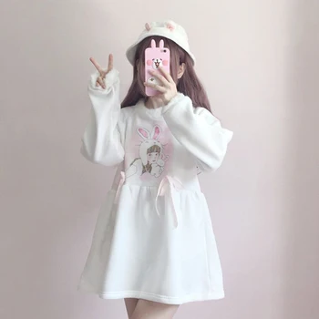 

Autumn dress women's 2018 new Korean students sweet print long sleeves slim loose waist plus velvet dress