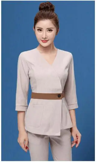 Brown Cropped Sleeve Костюм больничной медсестры для беременных медицинская рабочая одежда женская форма медсестры Топы+ брюки форма для работников отеля костюмы плюс размер XXXL - Цвет: Brown Cropped Sleeve