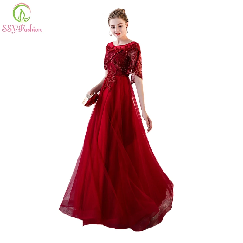 

SSYFashion New Elegant Wine Red Lace Evening Dress The Bride Banquet Appliques with Cape Floor-length Prom Formal Party Gowns