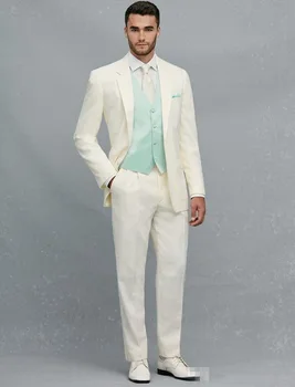 

Eleagnt Men Suits For Wedding 2017 Handmade Ivory Men Suit Slim Fit Men's Prom Party Tuxedos Blazear (Jacket+Pants+Vest+Tie)