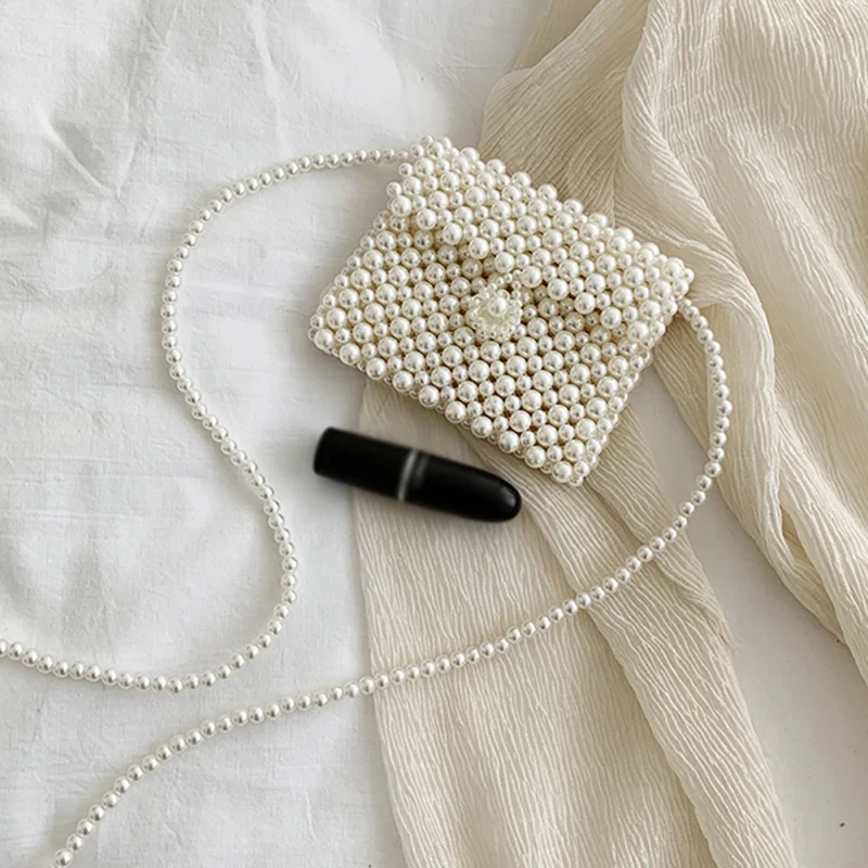 

Woven shell mini decorative pearl bag Women's Pearl Bag Mini Cross Shoulder Bag White pearl one shoulder flower beads buckle