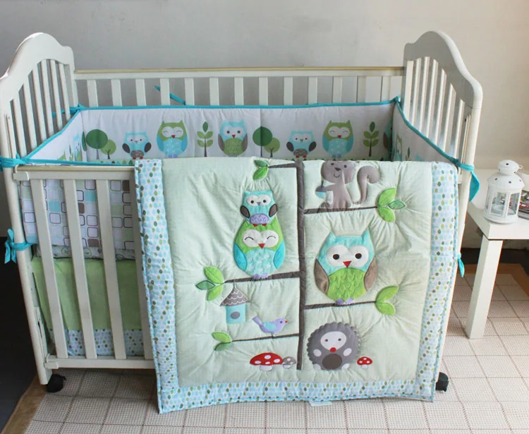 7 Pieces Set Crib Baby Bedding Embroidery Green Tree Owl