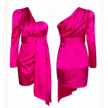 

New 2019 Women Sexy Chic Summer Yellow Rose Red One Shoulder Satin Fashion Dress Solid Mini Clubwear Bodycon Vestidos Wholesale