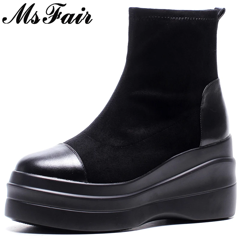 

MSFAIR Women Round Toe Thick Bottom Boots Fashion Flat with Platform Ankle Boots Women Shoes Winter Black Boots Shoes Woman