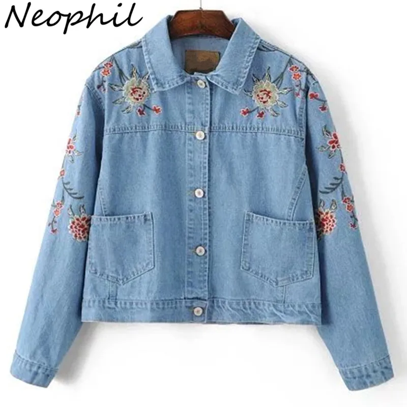 

Neophil 2019 Women Winter Floral Embroidery Patchwork Denim Short Jackets High Waist Long Sleeve Vintage Jean Outerwear C1824