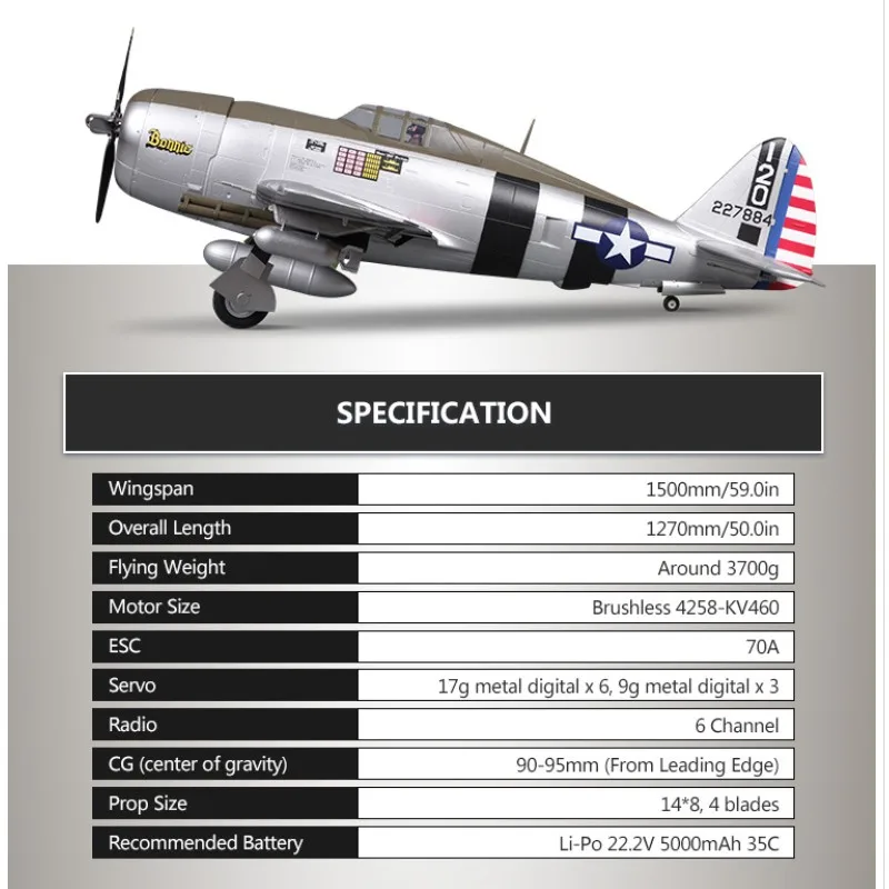 Радиоуправляемый самолет FMS 1500 мм 1,5 м P47 P-47 Razorback 6CH с втягиванием светодиодный 6S EPO PNP масштаб Gaint Big Warbird модель самолета