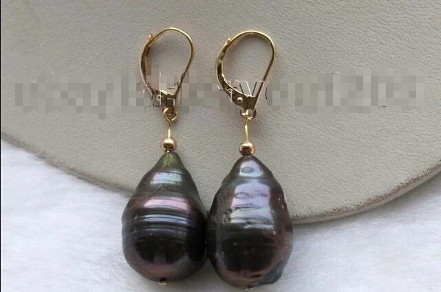 

Free shipping Genuine Natural 15x23mm Black Reborn Keshi Pearl Earrings 14k #f1782