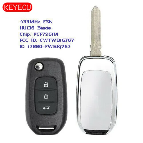

Keyecu Flip Remote Key Fob 3 Button 433MHz PCF7961M for Renault Kadjar Captur Megane 3 - HU136 Blade