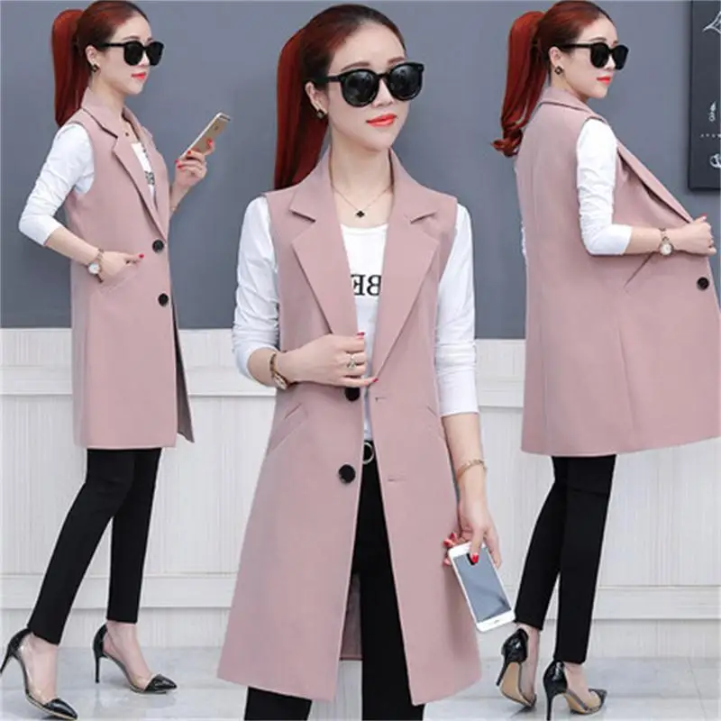 

High quality elegant women's long suit vest female 2019 spring new fashion slim sleeveless vest jacket ladies vest Wild Slim