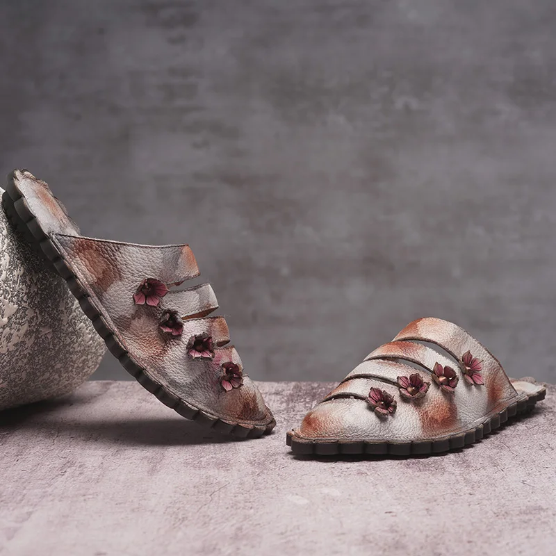 

JELLYFOND Handmade Flower Slippers Slides Women Genuine Leather Flat Slipper Women Summer Shoes 2019 Flat Mules Chaussures Femme