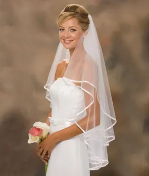 In Stock White And Ivory Ribbon Edge Two-Layer Tulle Wedding Bridal Veil Wedding Accessories