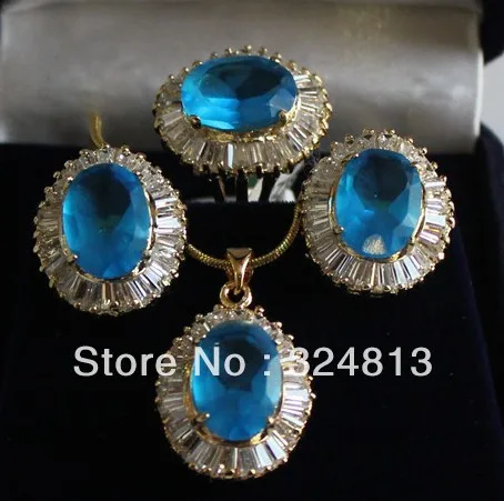 

hot sell new - Lovely Sets 18K GP Blue white crystal pendant necklace Stud earring Ring #2194