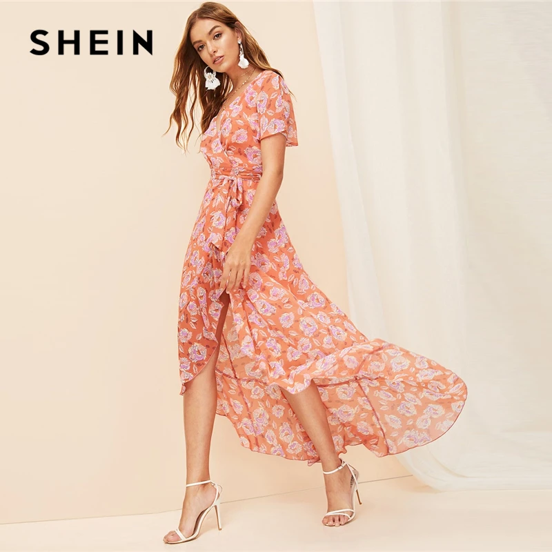 SHEIN летнее платье макси в богемном стиле с оранжевым разрезом, асимметричным подолом, поясом и цветочным принтом, женское элегантное платье трапециевидной формы с v-образным вырезом
