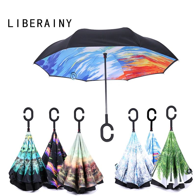 

LIBERAINY Reverse Umbrella Double Layer Inverted Windproof Anti-UV UV Protection Self-Stand C-Handle Sun Rain Car Man Woman
