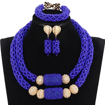 

Charms 2 Layers Royal Blue Wedding Nigerian Crystal Beads Jewelry Set African Bridal Statement Necklace Set WE164