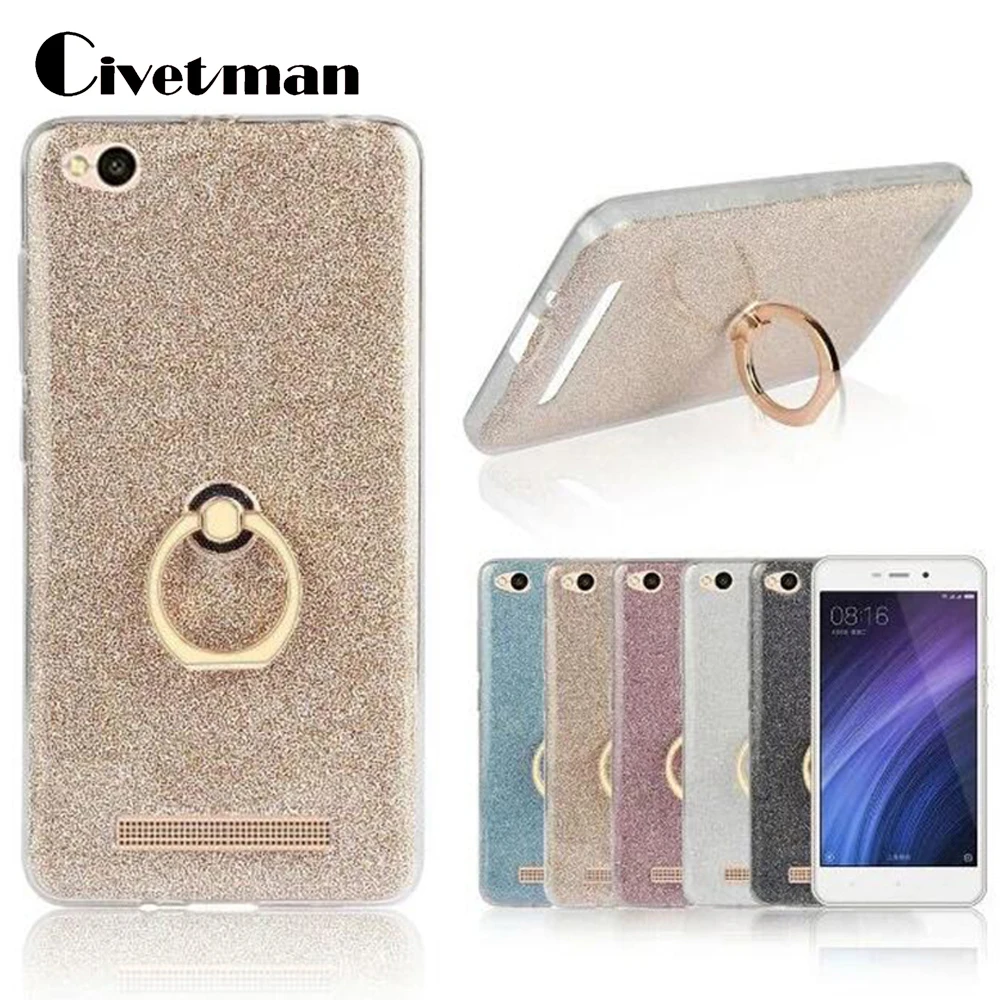

Cover Phone Case For Xiaomi Redmi 4A Red Rice Hongmi 4A 5.0" TPU Silicone Protection Shell Flash Glitter Powder Metal Ring Stent