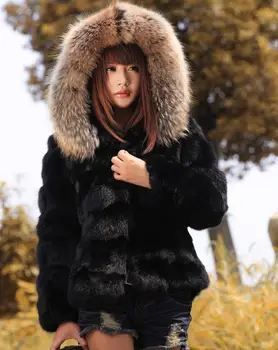 

S-4XL High Quality Winter new Faux rabbit fur Hooded fashion black short Faux Fur coat Pockets Loose plush Thick warm Faux Fur