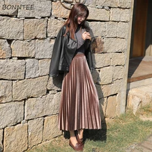 Женская юбка в складки длиной до колена элегантная однотонная одежда шикарные женские s корейский стиль Свободные повседневные Большие размеры трапециевидная юбка высокая эластичная