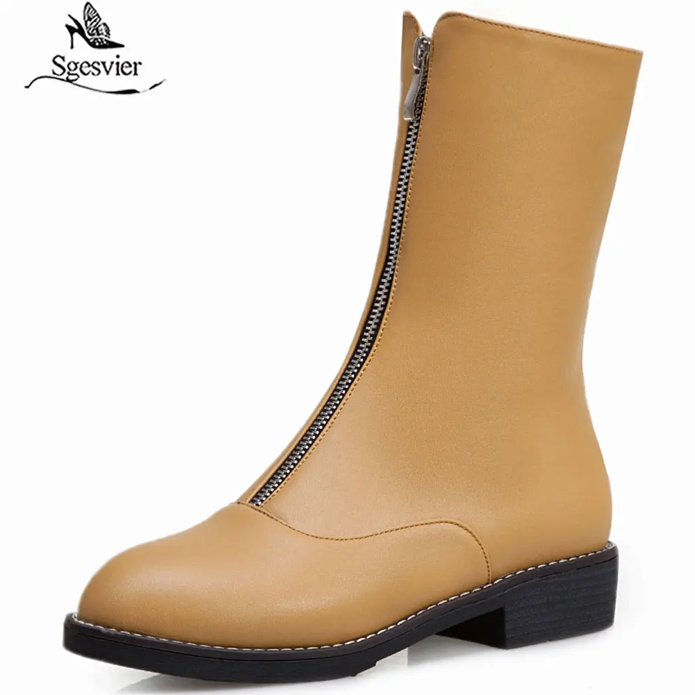 

Sgesvier Autumn Winter Boots Women 2019 Front Zip Sewing Chunky Low Heels Booties Mid Calf Yellow Black White Womens Shoes G674