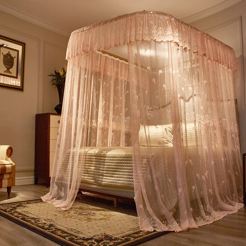 

New Luxury Pink Yellow Green Princess Style Landing U type Guide Rail Mosquito Net Stainless Steel Mosquito Frame Bedding Sets