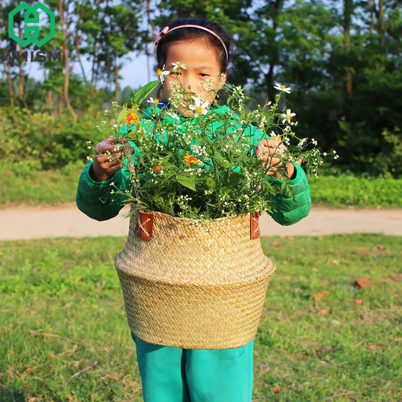 S/M/L/XL/XXL Handmade Rattan Belly Plant Flower Basket Wicker Handle Nursery Pots Planter Straw Organizer Vase Garden Home Decor