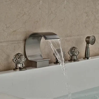 

Two Style 5pcs Bathroom Tub Faucet Brushed Nickle C Curved Waterfall Bathroom Tub Faucet W/ Hand Shower Sprayer Mixer Tap