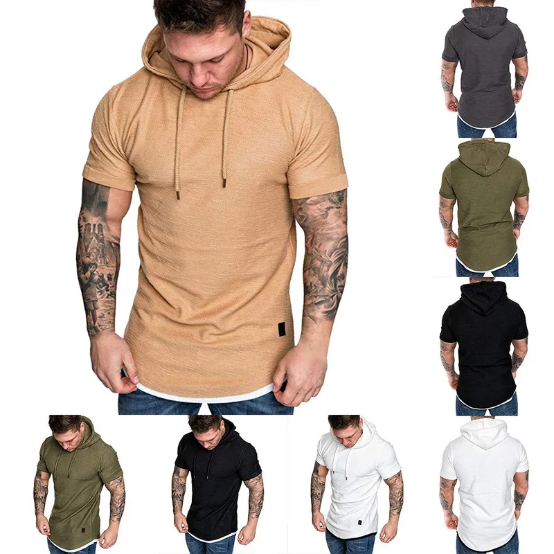 

2019 Summer Short Sleve Hooded T Shirt Men Solid Color Fashion Hoodie Top Male Plus Size 3XL Slim Fit Tee Tops Camisa Masculina