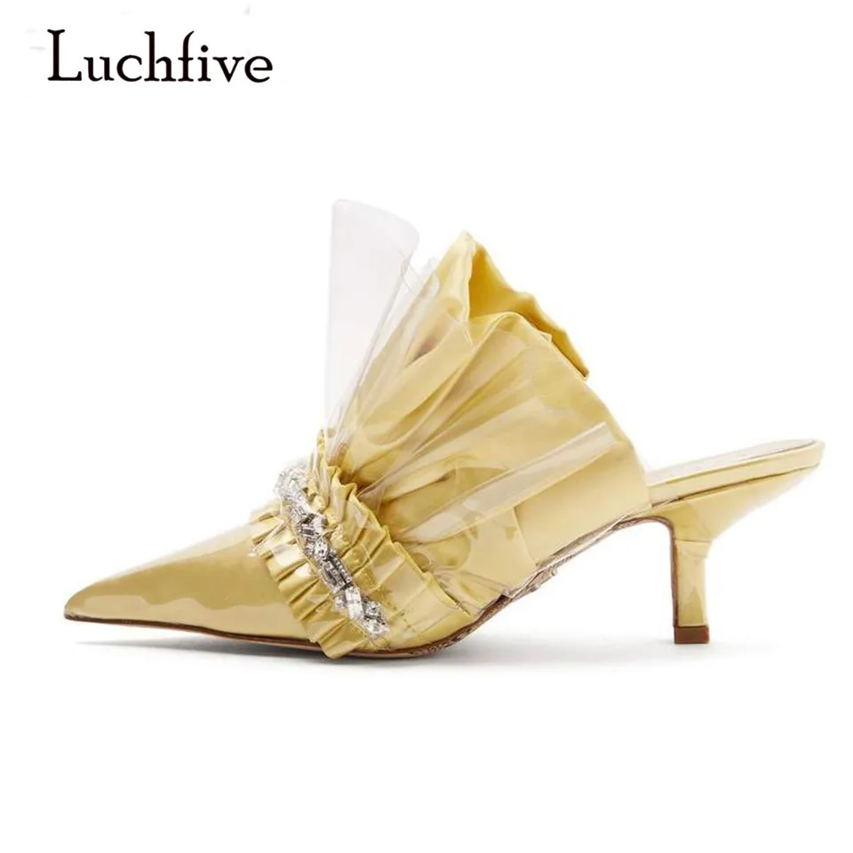 

Luchfive New Arrival Pointed Slippers Waterproof Transparent Shoes Flounce High Heels jeweled Women Slippers Ladies Sandals